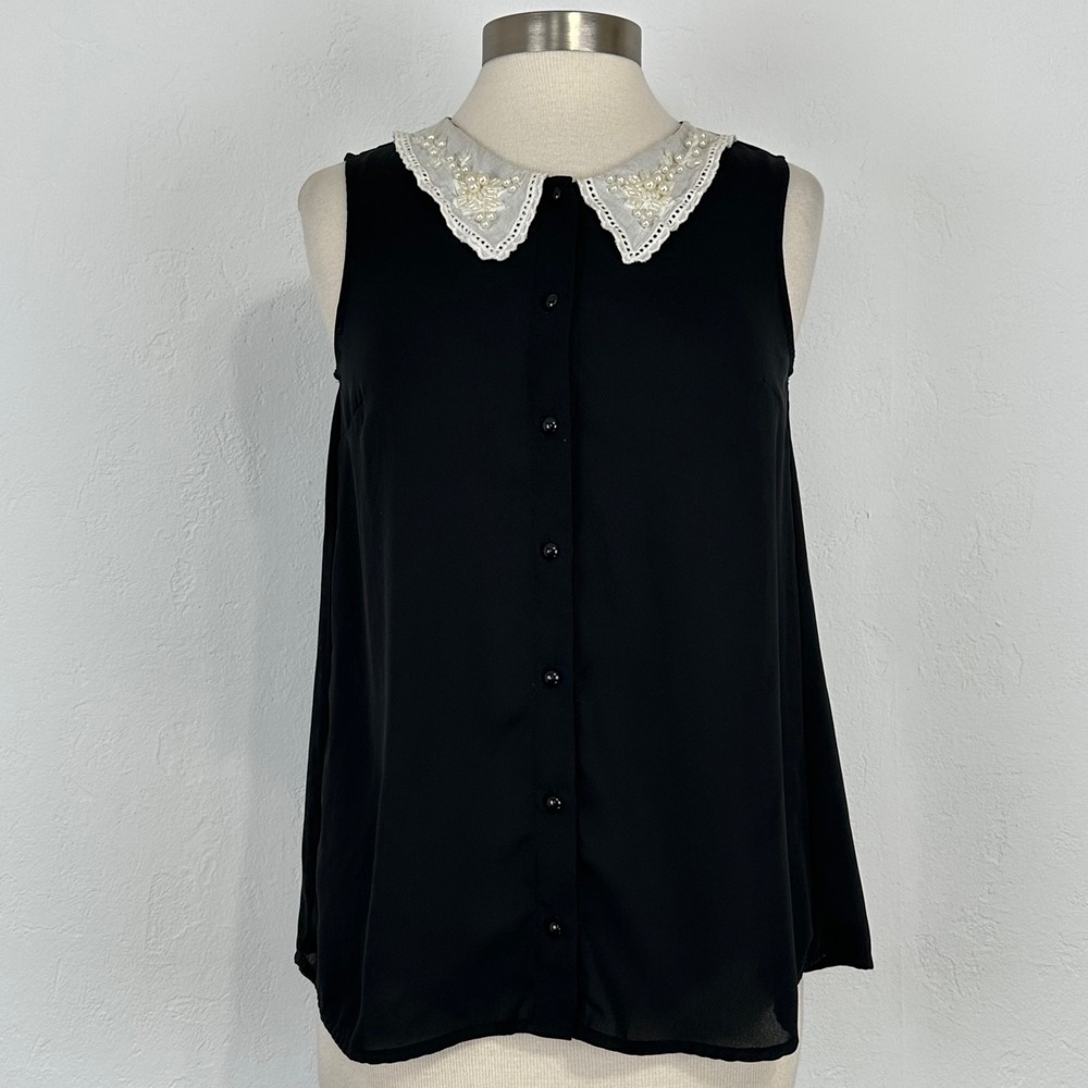 Womens Twee Indie Mod Zooey Top Size Small Black Peter Pan Faux Pearl Button